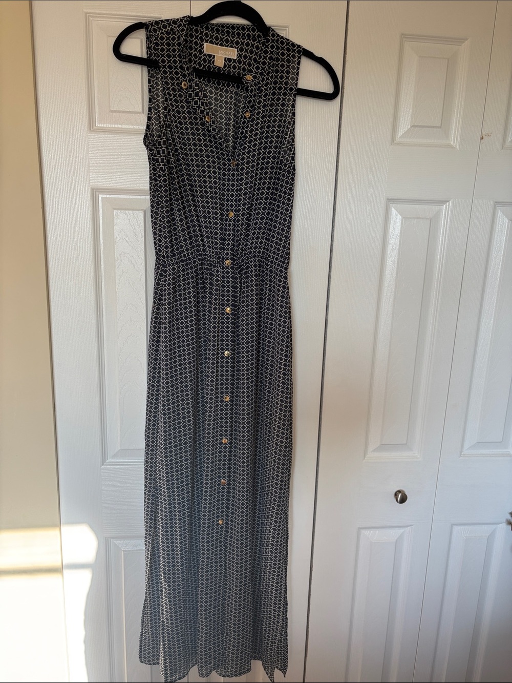 Michael Kors Navy and White Sleeveless Button-Front Maxi Dress